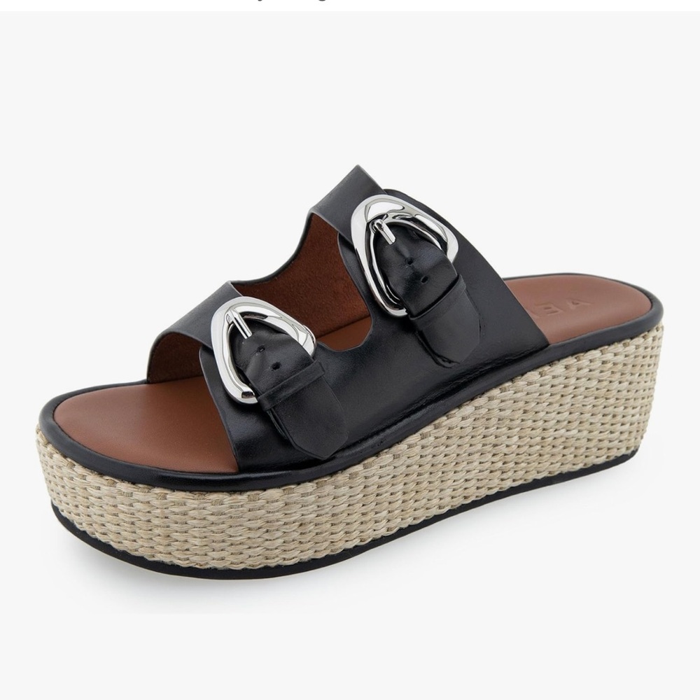 AEROSOLES Darcy Wedge Black Platform Espadrille Sandals Sz 8.5 LIKE NEW - Picture 7 of 11